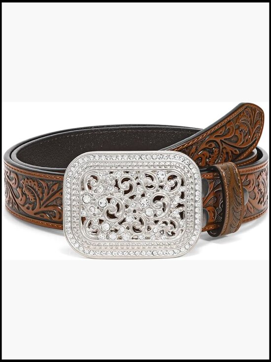 Genuine Leather Western Belt Silver Diamond Buckle Unisex Vintage Country Style main image 4